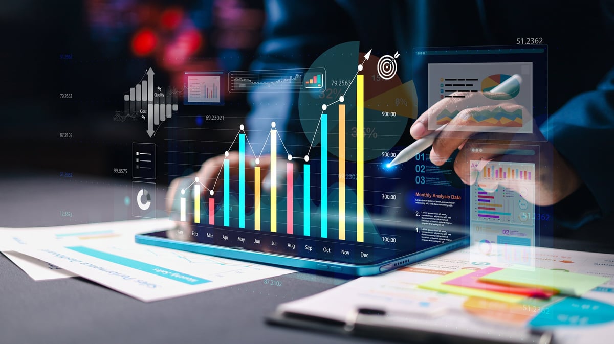 Business data analysis on a tablet and laptop showing KPI dashboards
